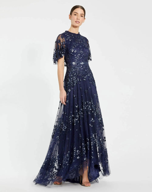 Navy Sequined High Neck Flutter Sleeve A Line Gown