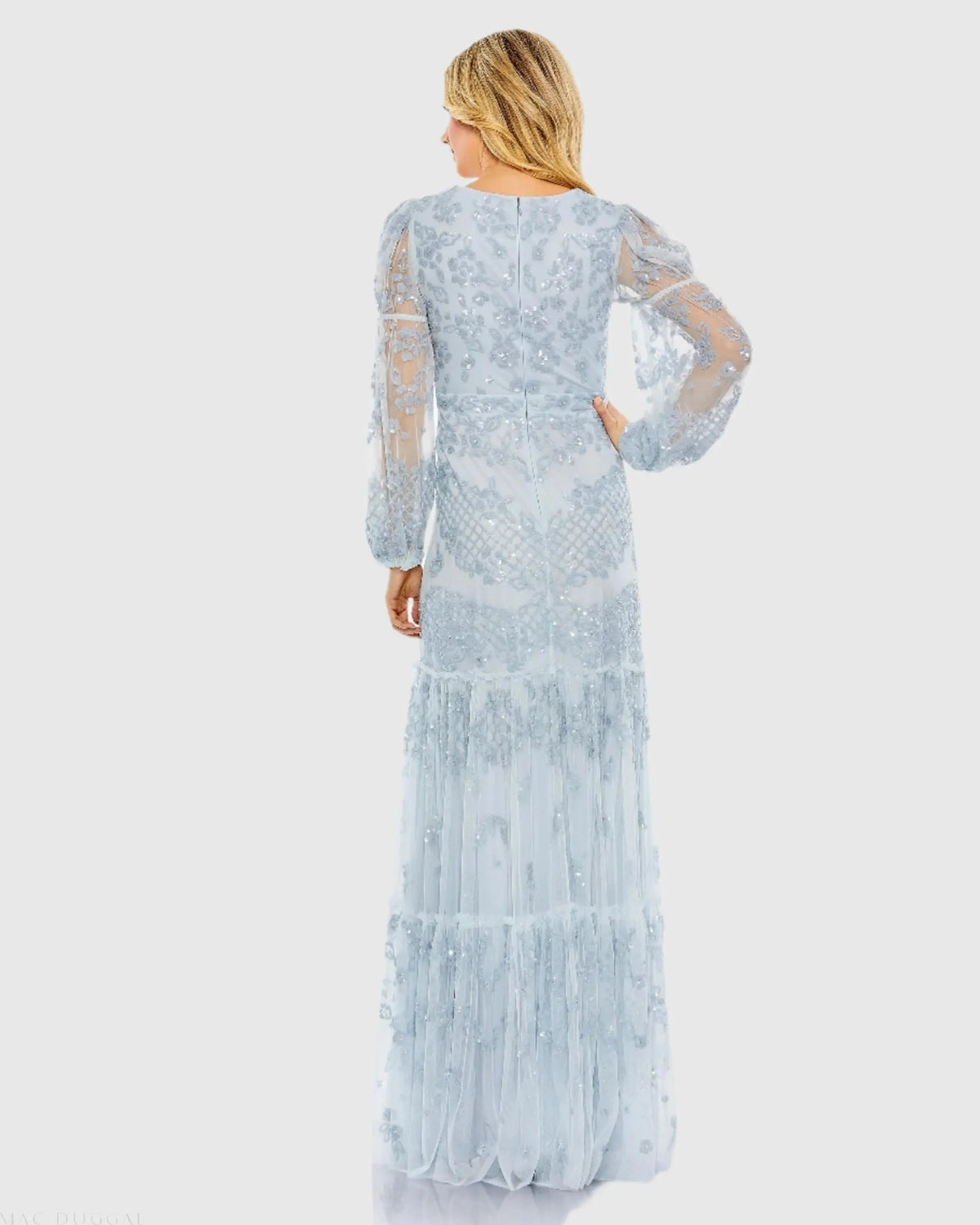 Blue Sequined Tiered Wrap Over Puff Sleeve Gown