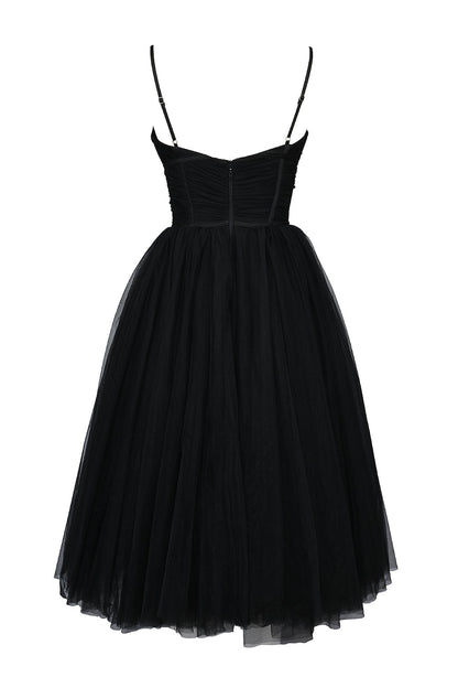 black tulle ruched bodice midi dress - sale