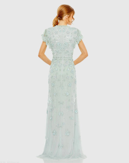 Blue Floral Embellished High Neck Flutter Sleeve Gown