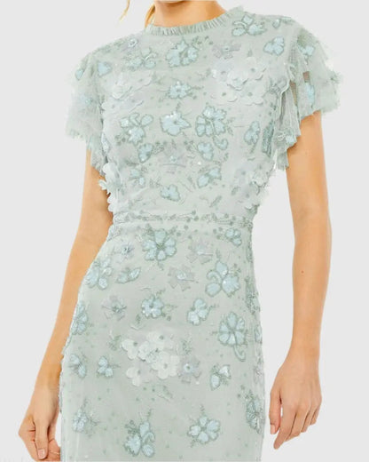 Blue Floral Embellished High Neck Flutter Sleeve Gown