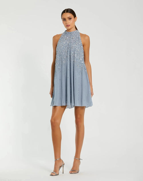 Blue High Neck Sleeveless Sequin Embellished Trapeze Dress
