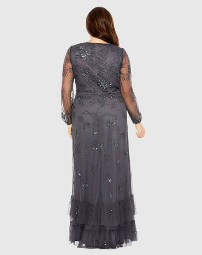 Gray Long Sleeve Embellished V-Neck Gown (Plus)