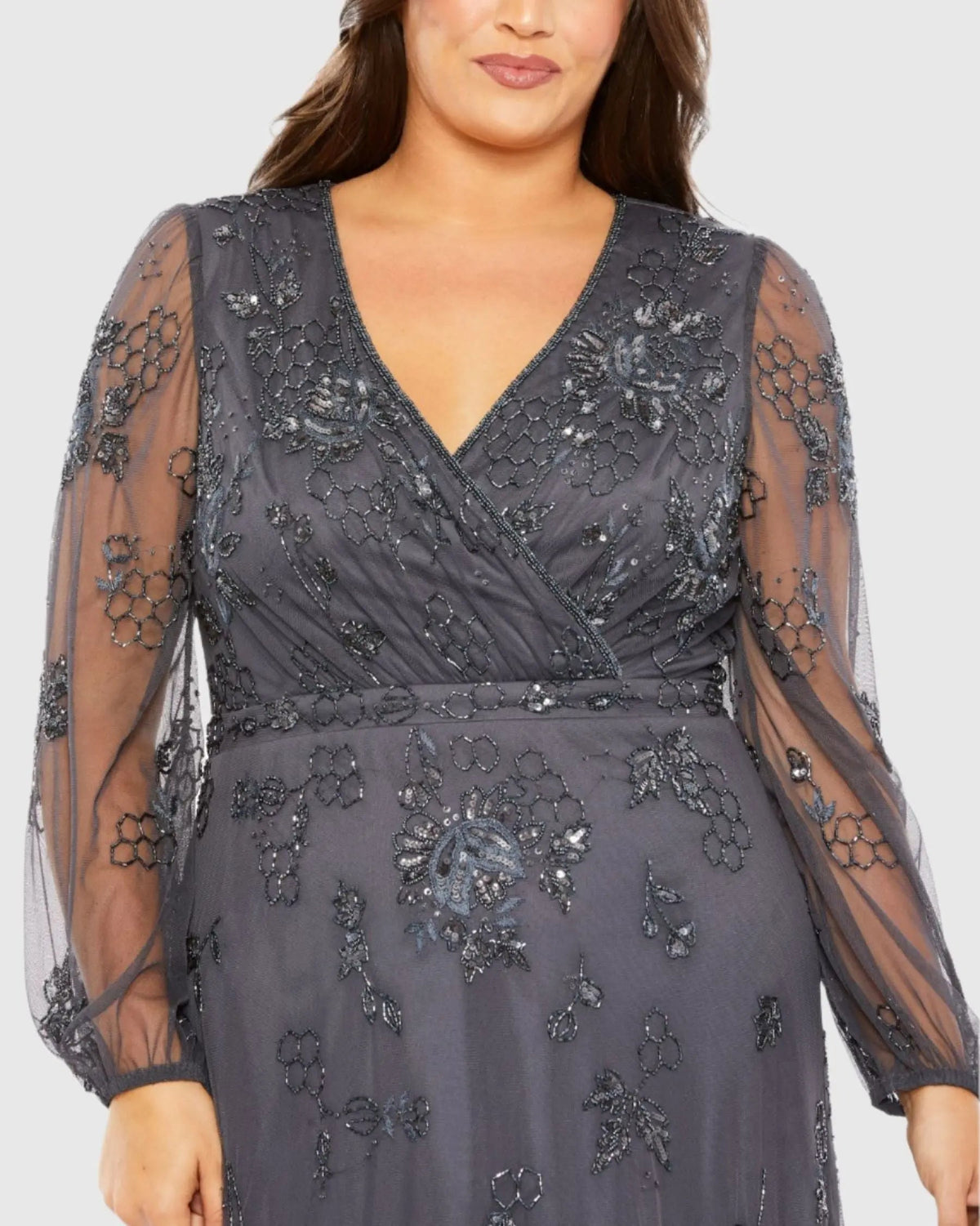 Gray Long Sleeve Embellished V-Neck Gown (Plus)