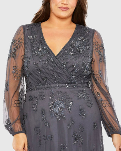 Gray Long Sleeve Embellished V-Neck Gown (Plus)
