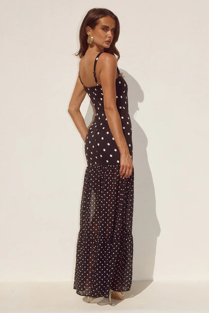 TILLIE SHEER BOTTOM MAXI DRESS - BLACK/WHITE POLKA