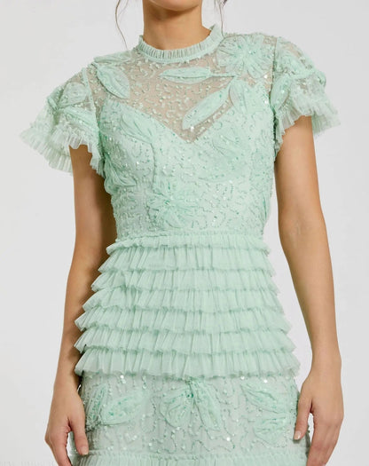 Green Beaded Mesh High Neck Micro Ruffle Gown