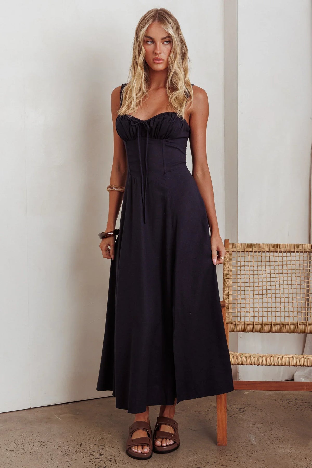 Zaira Tied Bust Lace-Up Maxi Dress Navy