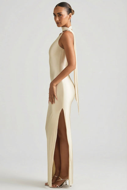 Asymmetric Scarf-Detail Maxi Dress in Ivory