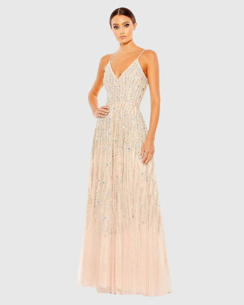 Embellished V Neck Sleeveless A Line Gown