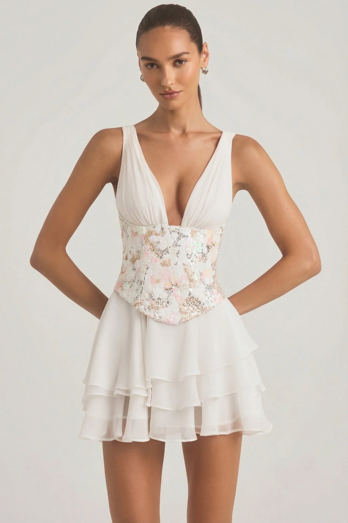 Embellished Ruffled Corset Mini Dress in Ivory