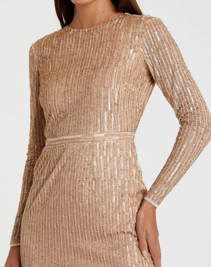Beige Long Sleeve Sequin Mini Dress - FINAL SALE