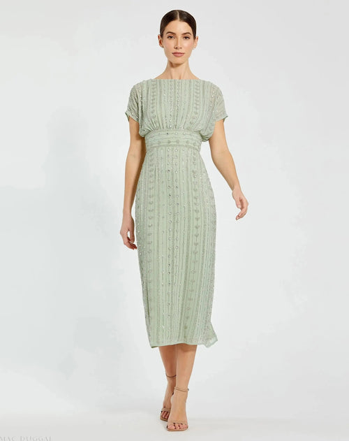Green Beaded Cap Sleeve Empire Waist Sheath Midi Dress