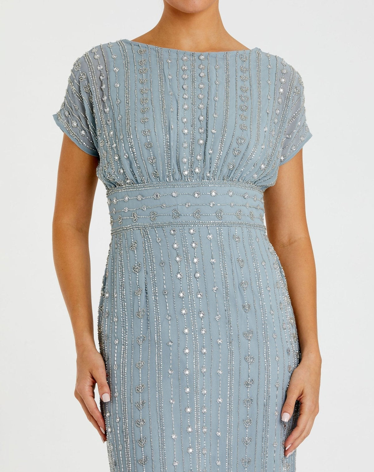 Blue Beaded Cap Sleeve Empire Waist Sheath Midi Dress