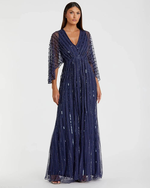 Beaded Striping Kimono Sleeve V Neck Gown