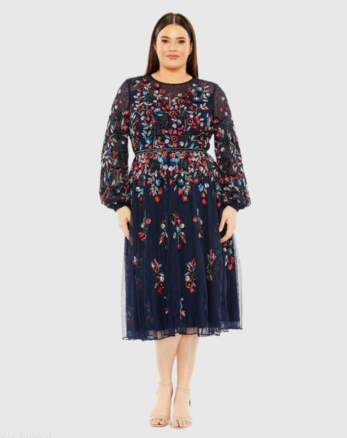 Navy Long Sleeve Beaded Cocktail Dress