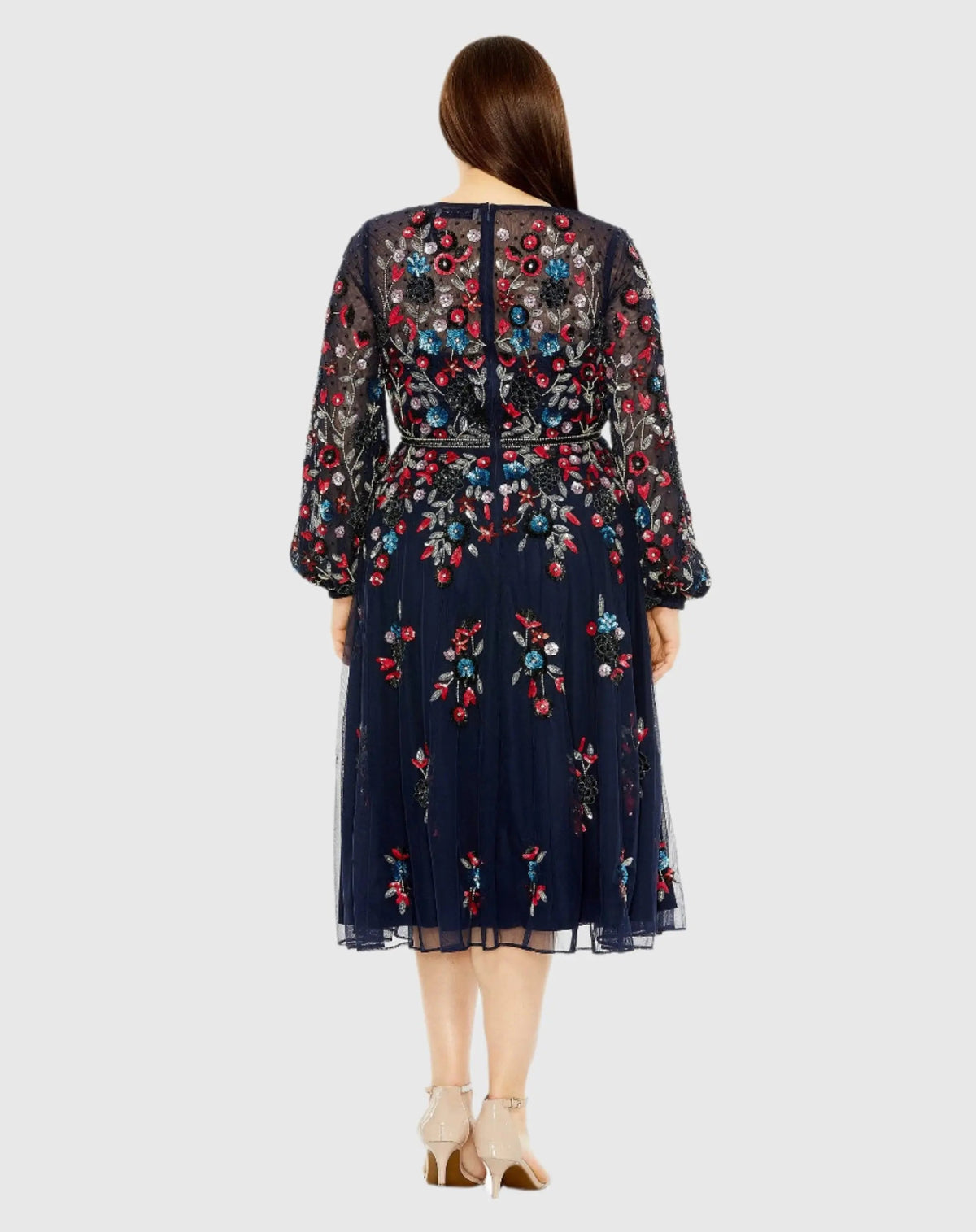 Navy Long Sleeve Beaded Cocktail Dress