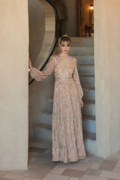 Beige Embellished High Neck Puff Sleeve Gown