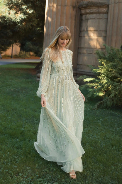 Green Boat Neck Long Sleeve Beaded Gown