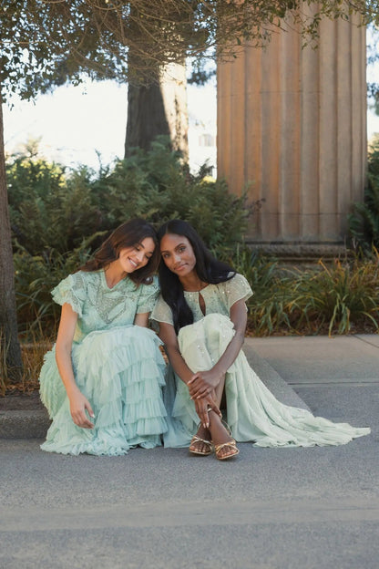 Green Beaded Mesh High Neck Micro Ruffle Gown