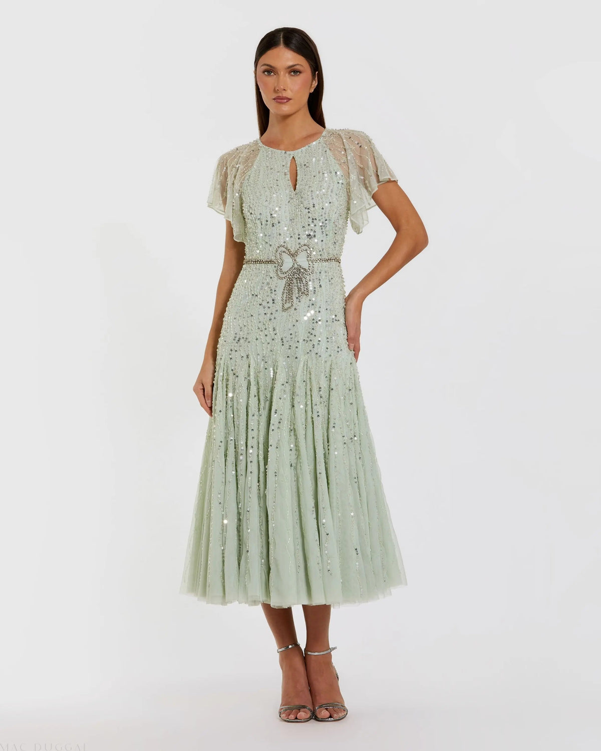Green Embellished Bow Flutter Sleeve A Line Midi Dress