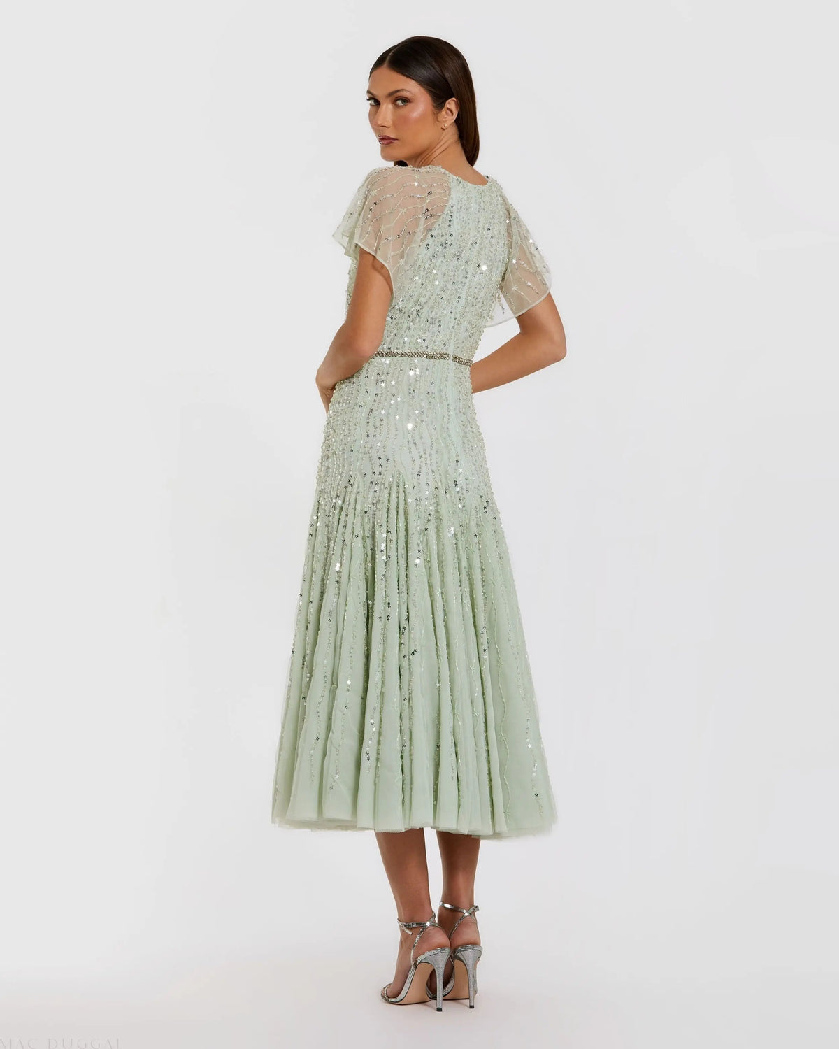 Green Embellished Bow Flutter Sleeve A Line Midi Dress