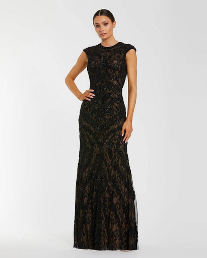 Black Embellished Lace Cap Sleeve Evening Gown