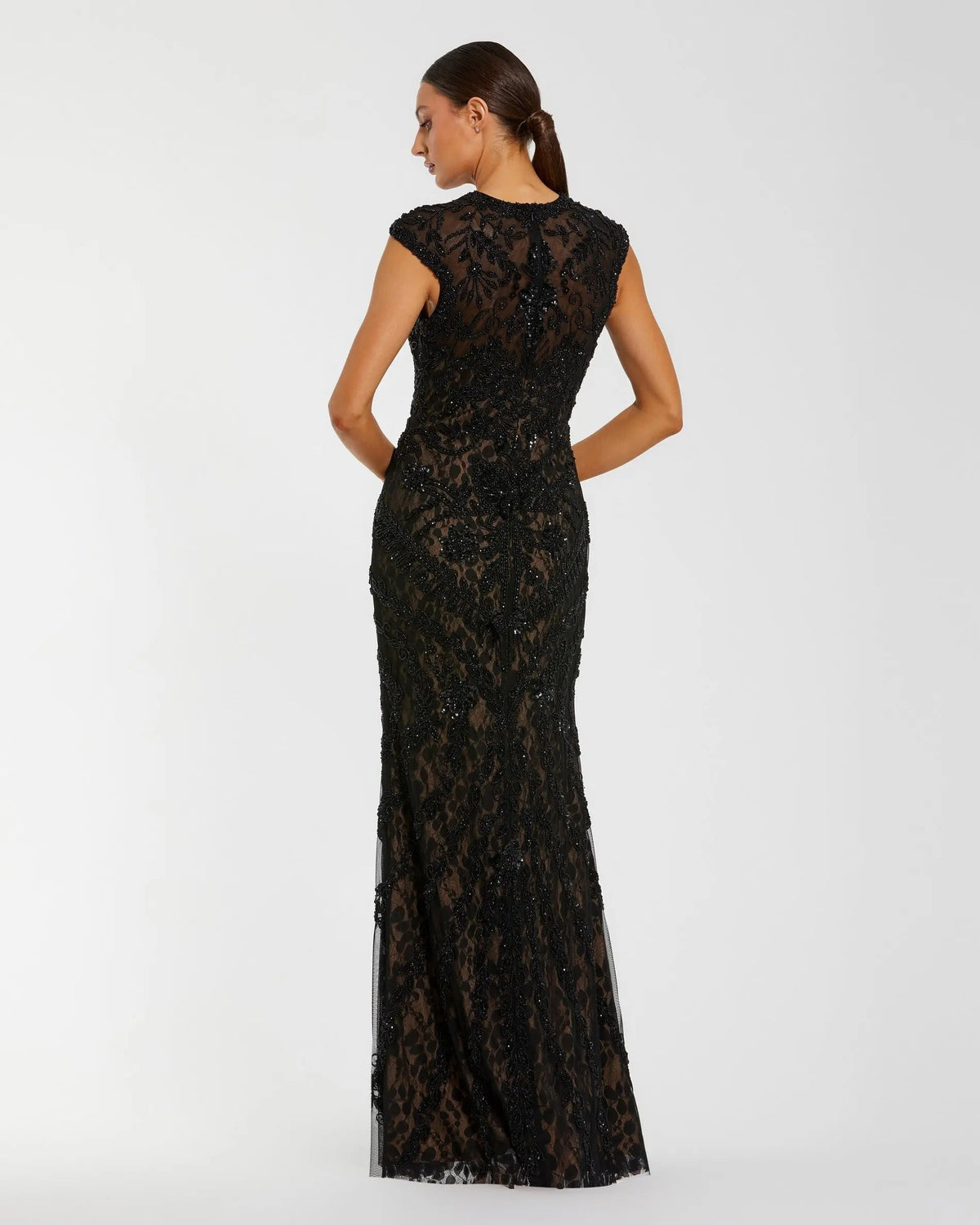 Black Embellished Lace Cap Sleeve Evening Gown