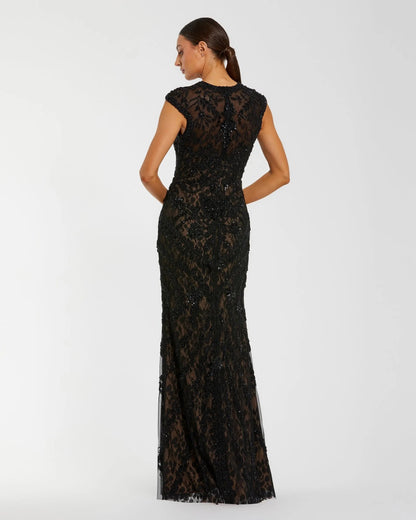 Black Embellished Lace Cap Sleeve Evening Gown
