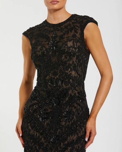 Black Embellished Lace Cap Sleeve Evening Gown