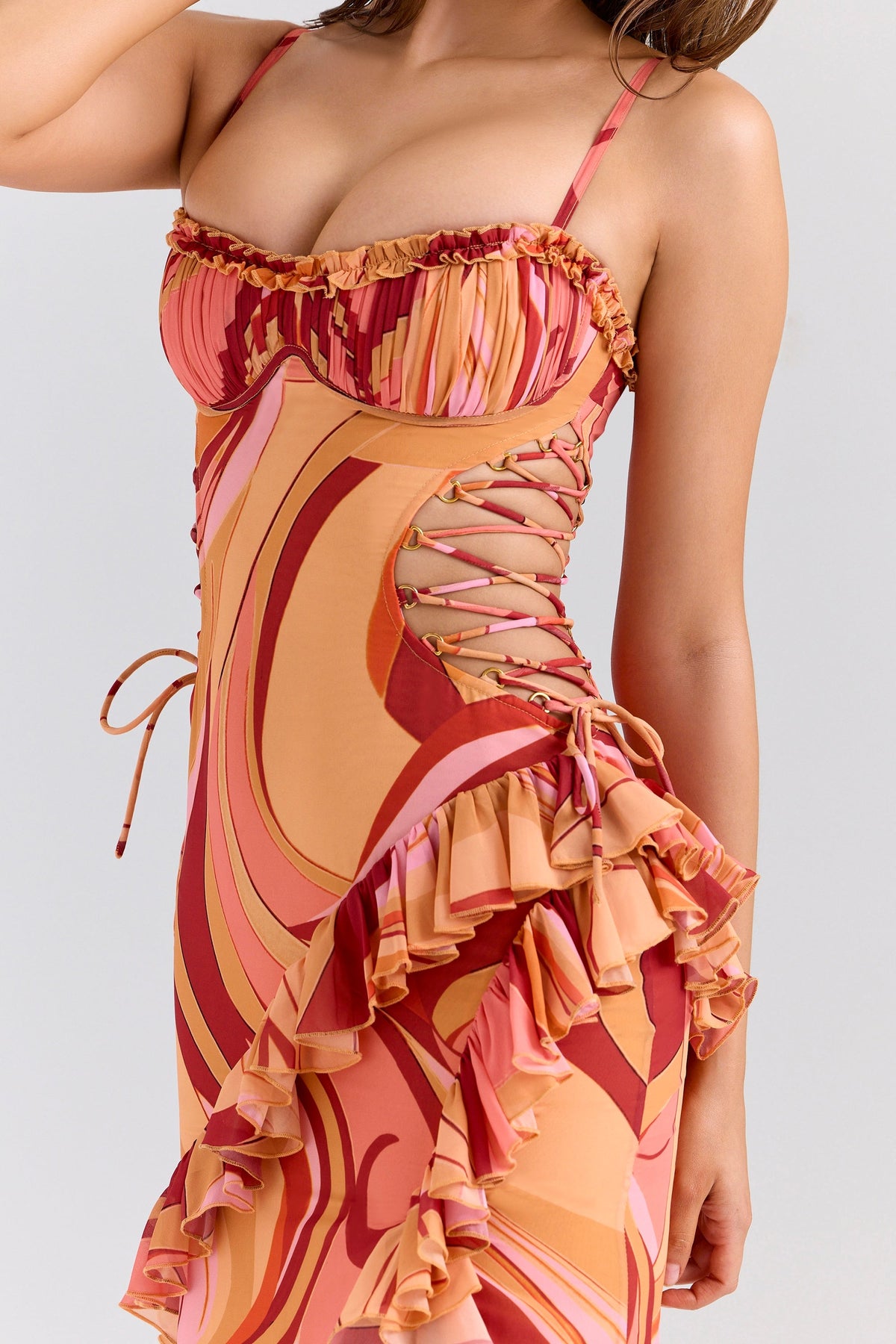 sunset swirl print ruffle cut out maxi dress