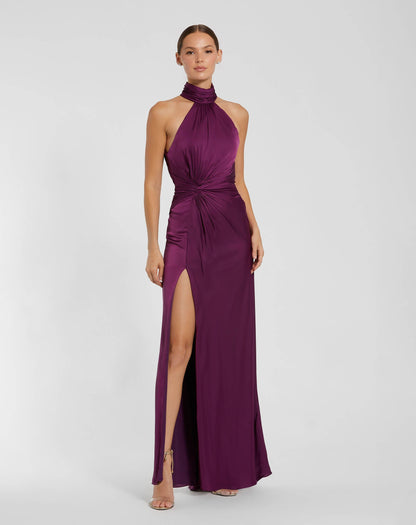 Open Back High Neck Side Ruched Gown