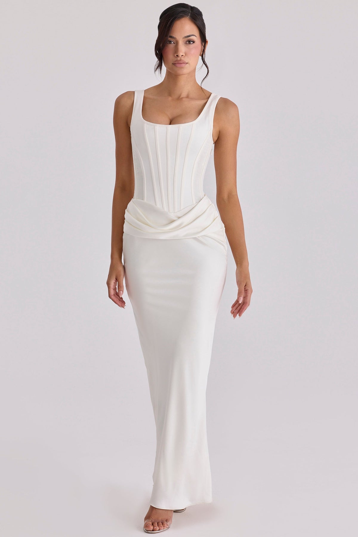 ivory satin gathered maxi dress