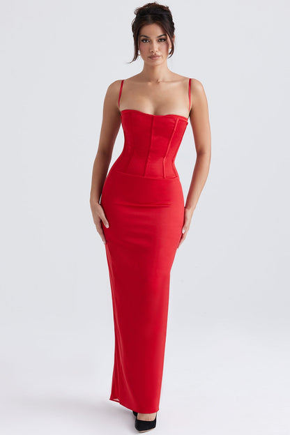 red satin corset maxi dress
