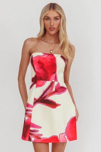 City Central Strapless A-Line Mini Dress Print Beige