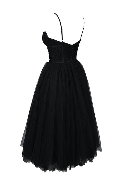 black tulle ruched bodice midi dress - sale