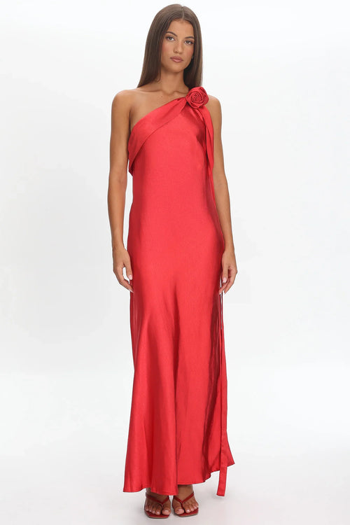 Star Fall One-Shoulder Rosette Maxi Dress Red
