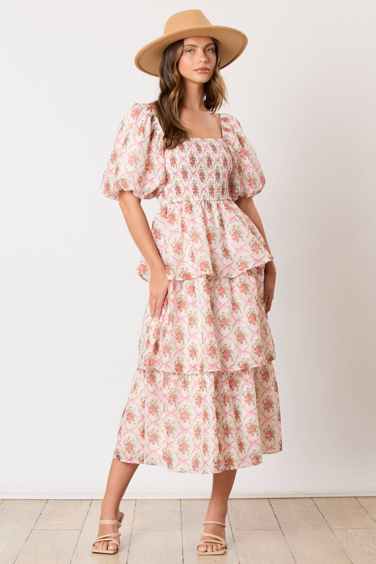 Bow & Rose Printed Puff Sleeve Tiered Midi Dress
