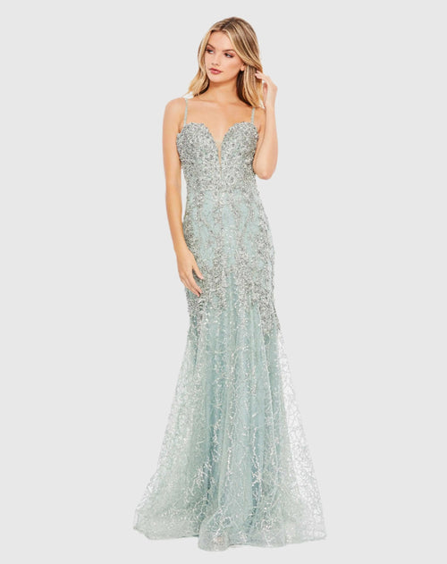 Green Embellished Sleeveless Plunge Neck Trumpet Gown