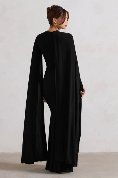 Magdelena | Black Asymmetric Cape Maxi Dress