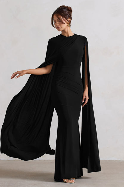 Magdelena | Black Asymmetric Cape Maxi Dress