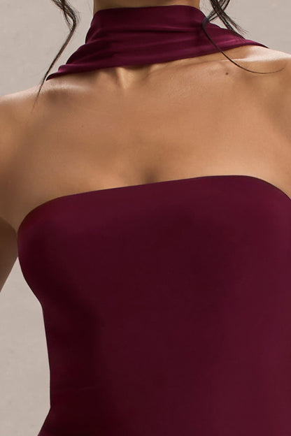 Nobu | Burgundy Bandeau Maxi Dress With Halter-Collar