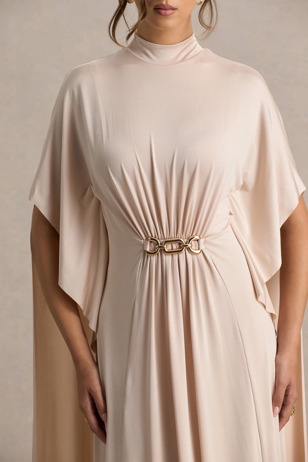 Olessia | Champagne Belted Gathered Cape-Sleeve Maxi Dress