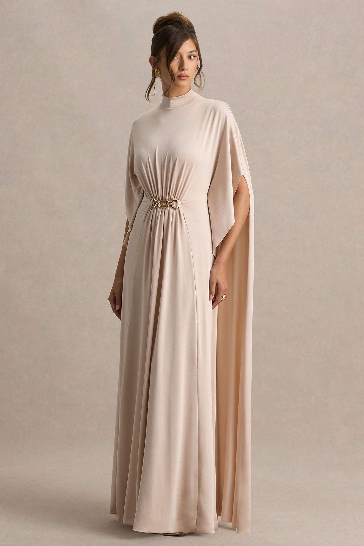 Olessia | Champagne Belted Gathered Cape-Sleeve Maxi Dress