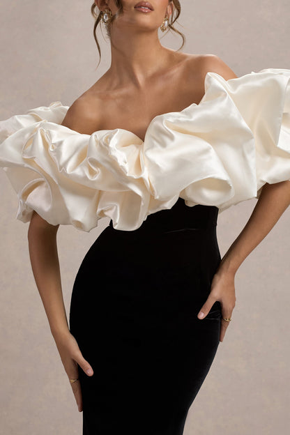 Cecily | Black Velvet Bardot Maxi Dress With Satin Ruffle Trim