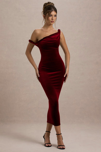 Carella | Berry Velvet Twisted Asymmetric Midi Dress