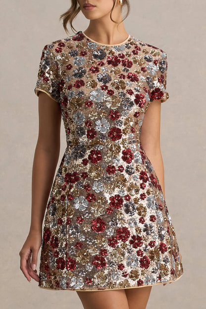 Eira | Red Floral Embellished Sequin Crew-Neck Mini Dress