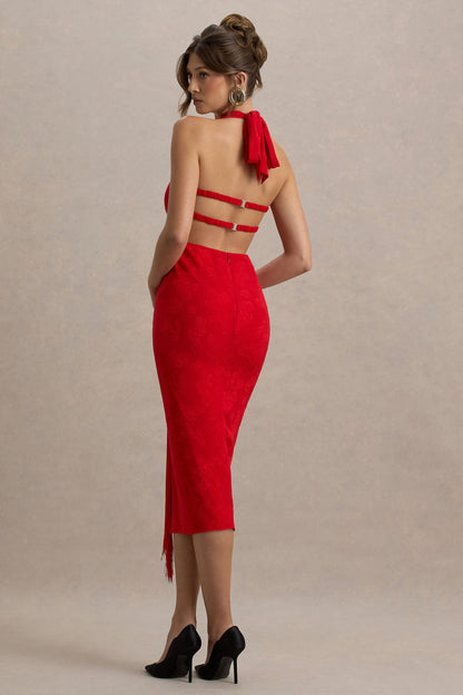 Auria | Red Satin Devore Plunge-Neck Midi Dress With Fringe Details