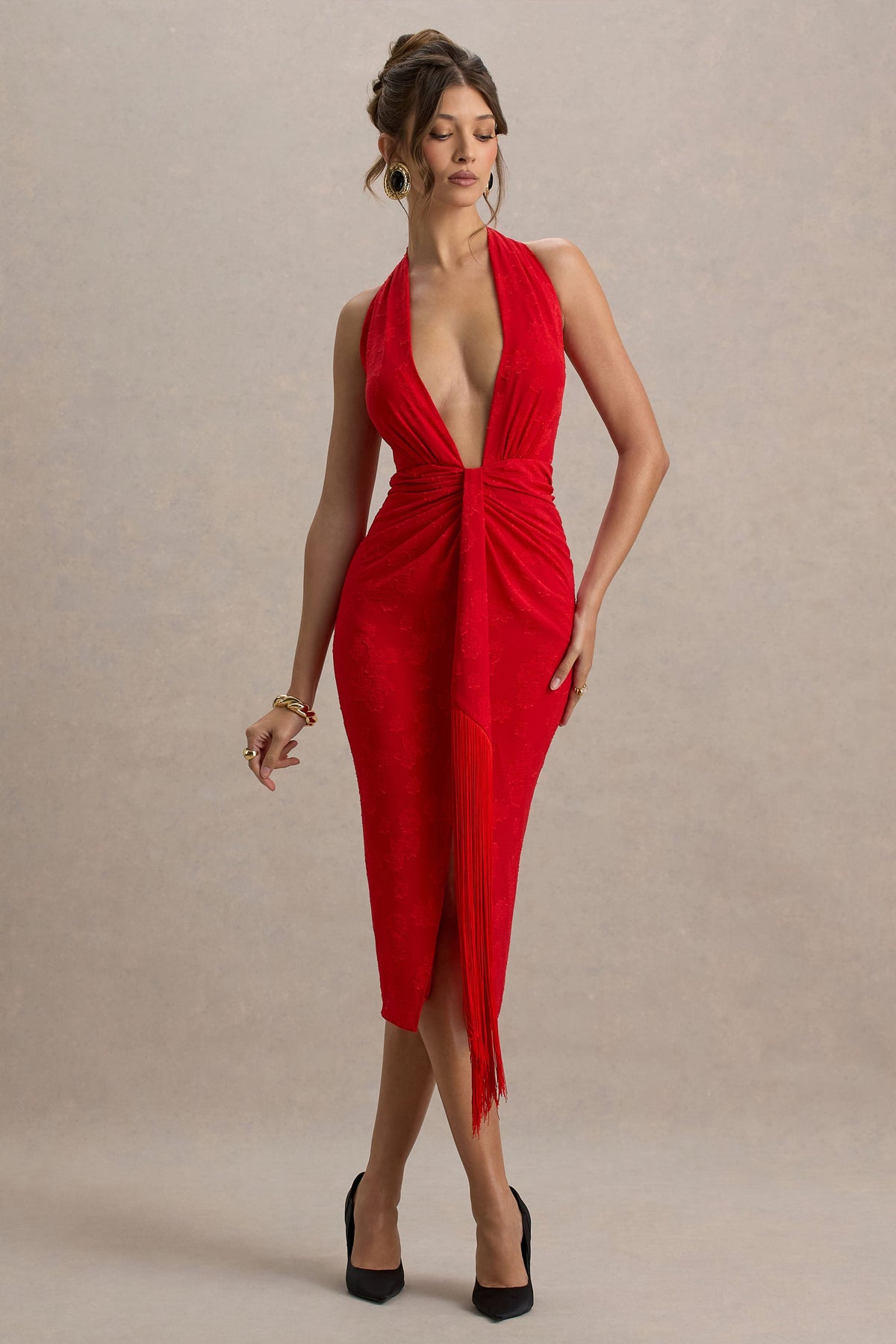 Auria | Red Satin Devore Plunge-Neck Midi Dress With Fringe Details