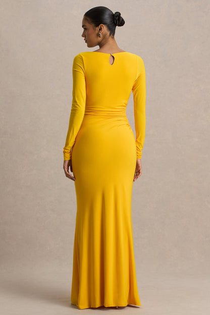 Diva | Yellow Slashed-Neck Maxi Dress With Ruched Detailing